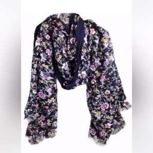Loft Navy Floral Cotton Scarf Summer any Season Edging has fringe